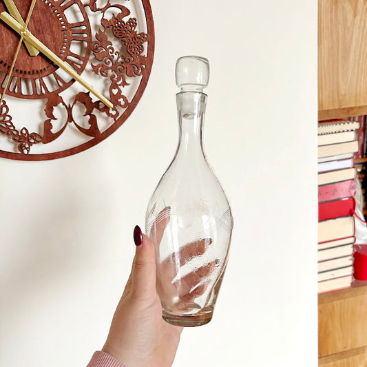 Vintage USSR Glass Decanter with Etched Geometric Pattern, Soviet Mid Century Modern Spirits Bottle, Clear Barware for Retro Home Decor Gift