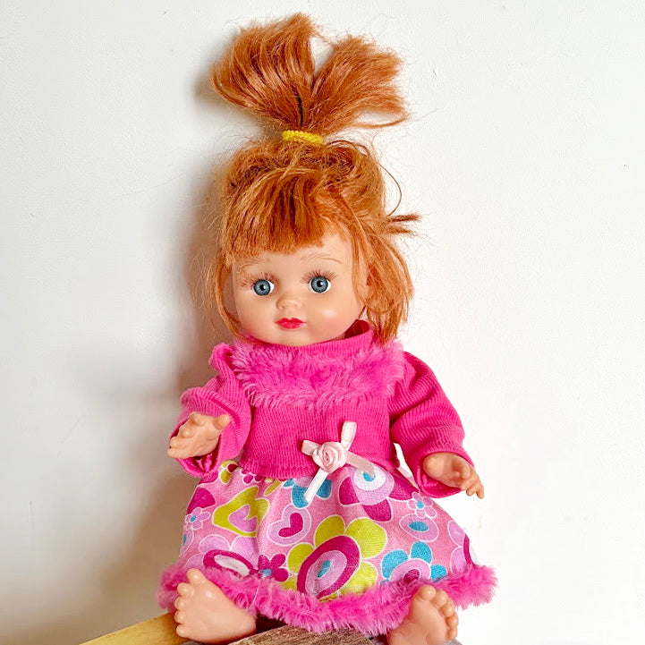 Vintage Soviet Era Baby Doll in Pink Dress, Vinyl Infant Doll with Original Hair, Collectible USSR Toy, 1970s–1980s
