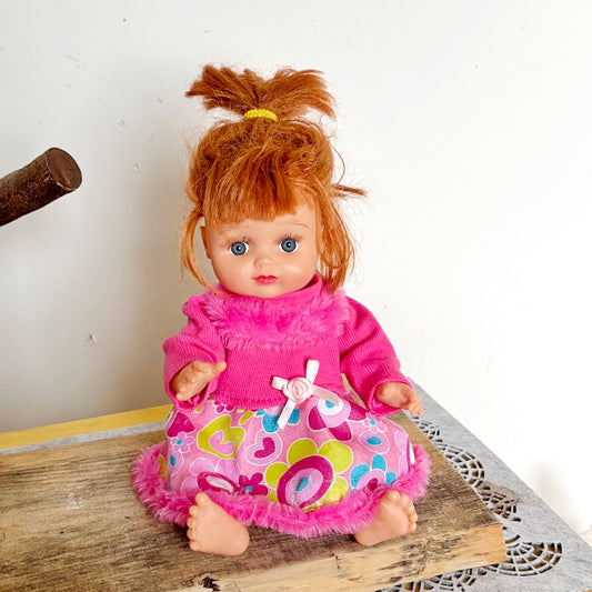 Vintage Soviet Era Baby Doll in Pink Dress, Vinyl Infant Doll with Original Hair, Collectible USSR Toy, 1970s–1980s