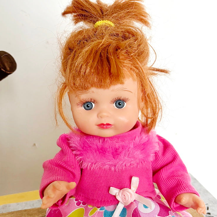 Vintage Soviet Era Baby Doll in Pink Dress, Vinyl Infant Doll with Original Hair, Collectible USSR Toy, 1970s–1980s