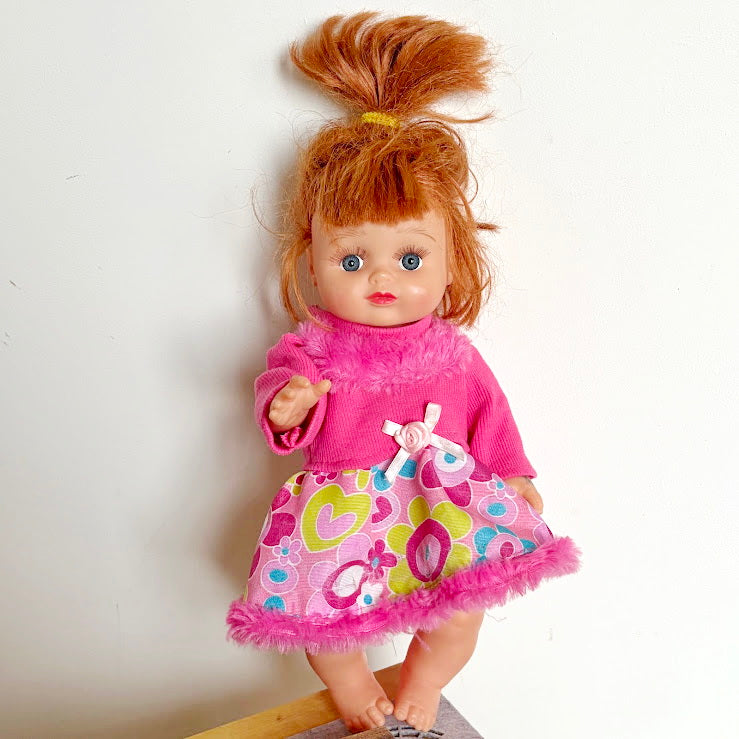 Vintage Soviet Era Baby Doll in Pink Dress, Vinyl Infant Doll with Original Hair, Collectible USSR Toy, 1970s–1980s