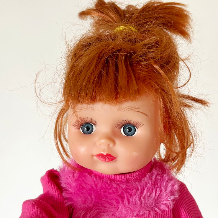 Vintage Soviet Era Baby Doll in Pink Dress, Vinyl Infant Doll with Original Hair, Collectible USSR Toy, 1970s–1980s