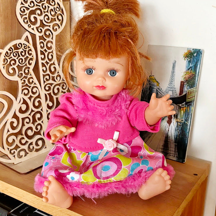 Vintage Soviet Era Baby Doll in Pink Dress, Vinyl Infant Doll with Original Hair, Collectible USSR Toy, 1970s–1980s