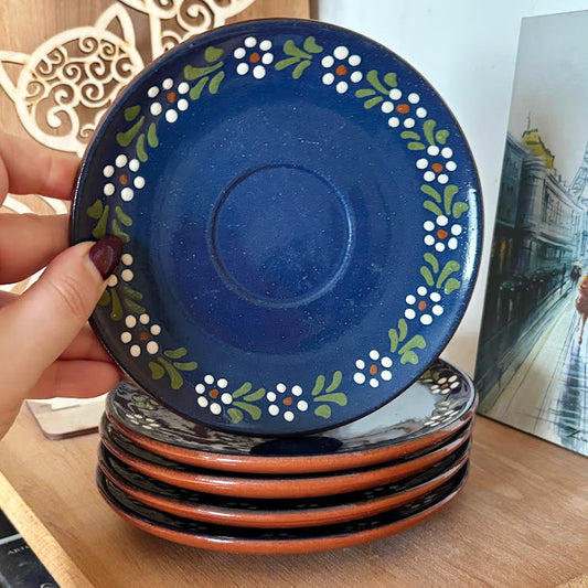 Vintage Blue Porcelain Saucers Set of 5 with Floral Garland Pattern-German Tableware, Cottage Style Coffee or Tea Plates, Late 20th Century