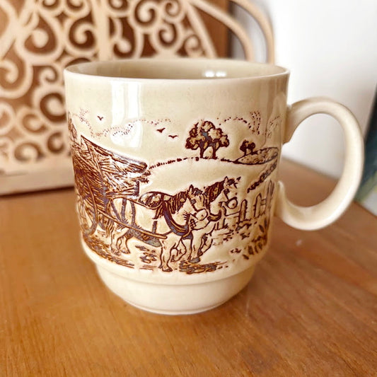 Kilncraft Staffordshire Mug Vintage Made in England Horse and Cart Relief Ceramic Coffee Cup Rustic Farmhouse Decor Cottagecore 1970s