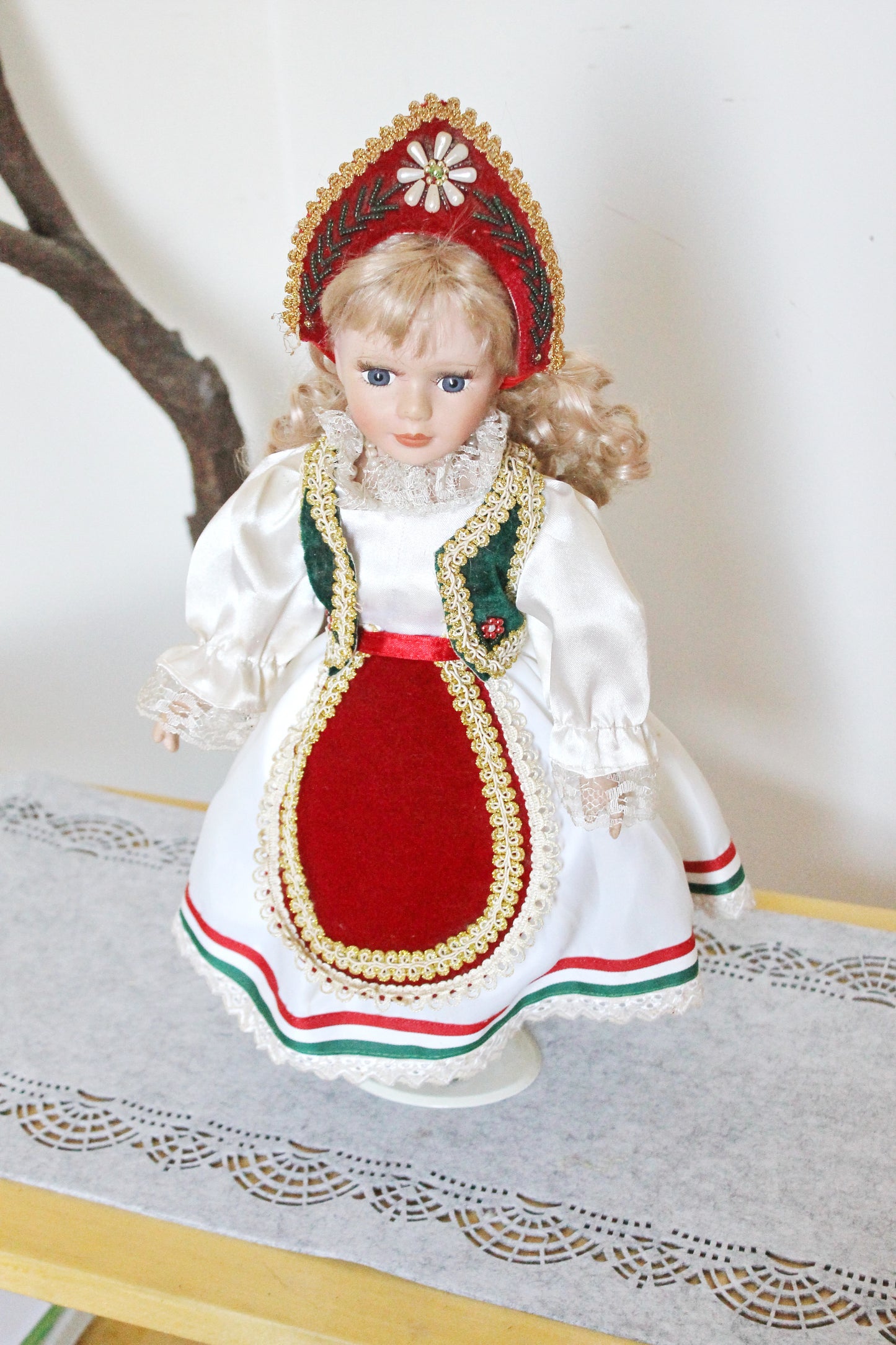 Vintage porcelain Germany cute doll on a stand in Hungarian clothing - 18 inches - Collectible doll - 1970-1980s