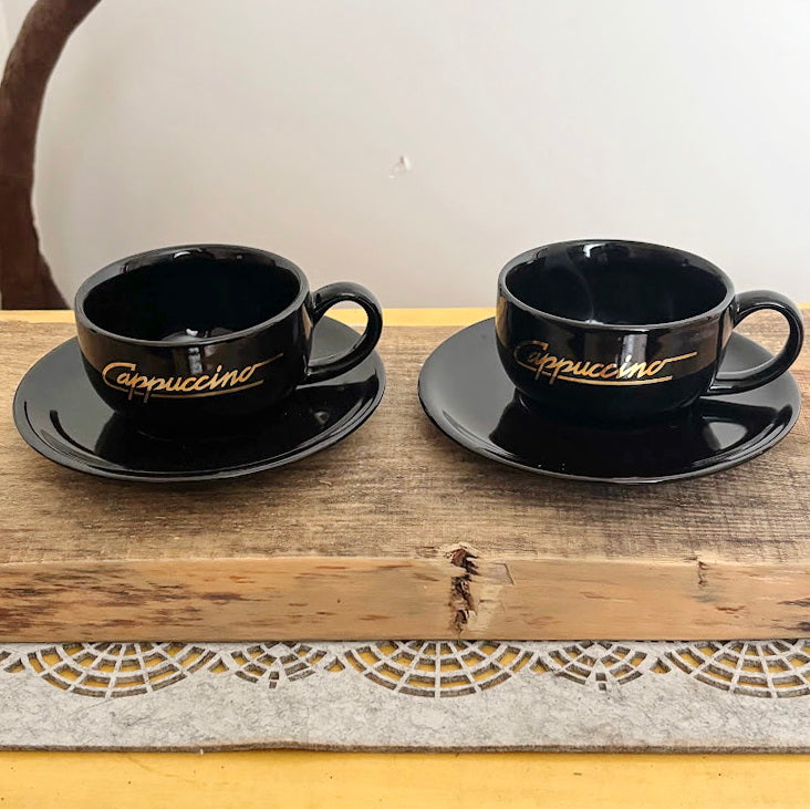 Black Cappuccino Cups and Saucers Set of 2 Heavy Ceramic Coffee Set Mid 2000s Modern Minimalist Germany
