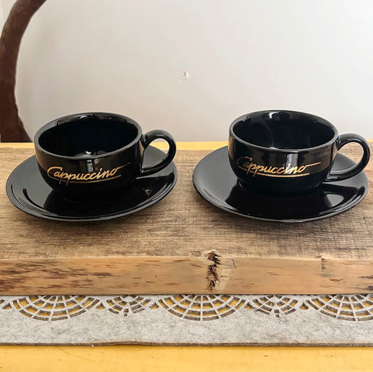 Black Cappuccino Cups and Saucers Set of 2 Heavy Ceramic Coffee Set Mid 2000s Modern Minimalist Germany