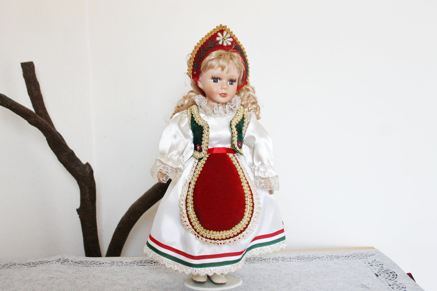 Vintage porcelain Germany cute doll on a stand in Hungarian clothing - 18 inches - Collectible doll - 1970-1980s