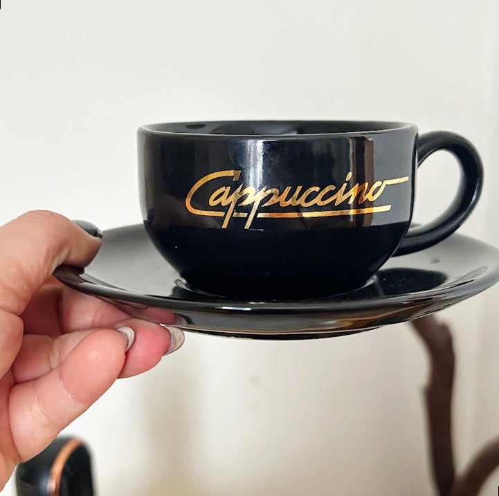 Black Cappuccino Cups and Saucers Set of 2 Heavy Ceramic Coffee Set Mid 2000s Modern Minimalist Germany