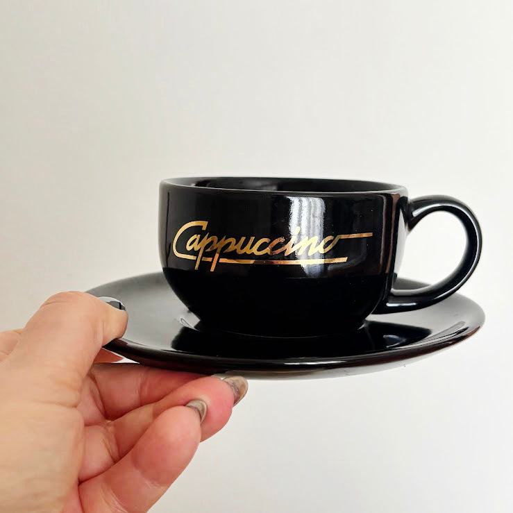 Black Cappuccino Cups and Saucers Set of 2 Heavy Ceramic Coffee Set Mid 2000s Modern Minimalist Germany