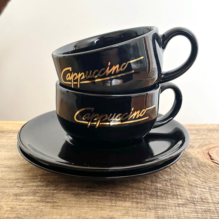 Black Cappuccino Cups and Saucers Set of 2 Heavy Ceramic Coffee Set Mid 2000s Modern Minimalist Germany