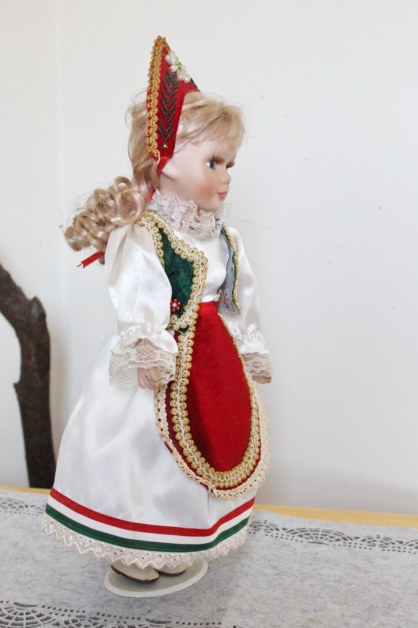 Vintage porcelain Germany cute doll on a stand in Hungarian clothing - 18 inches - Collectible doll - 1970-1980s