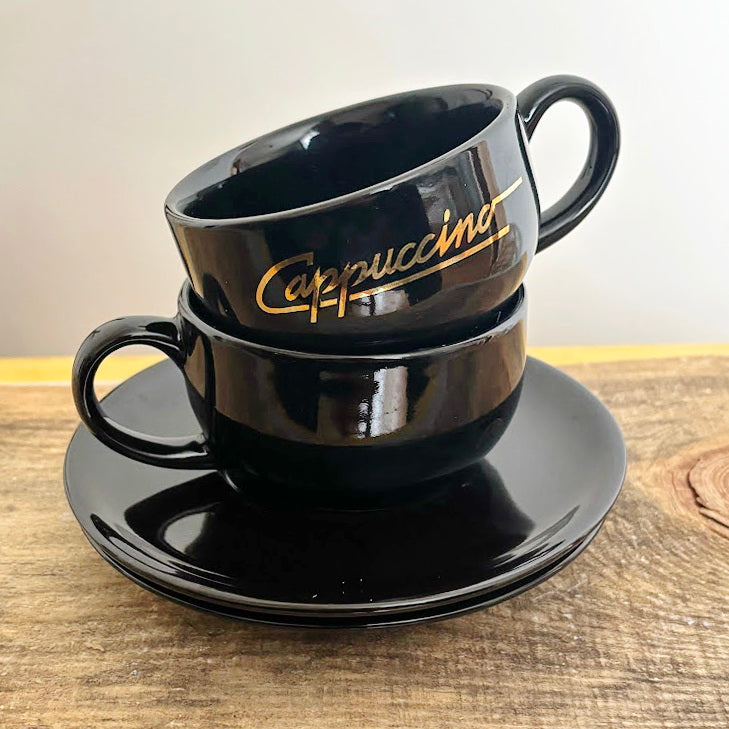 Black Cappuccino Cups and Saucers Set of 2 Heavy Ceramic Coffee Set Mid 2000s Modern Minimalist Germany