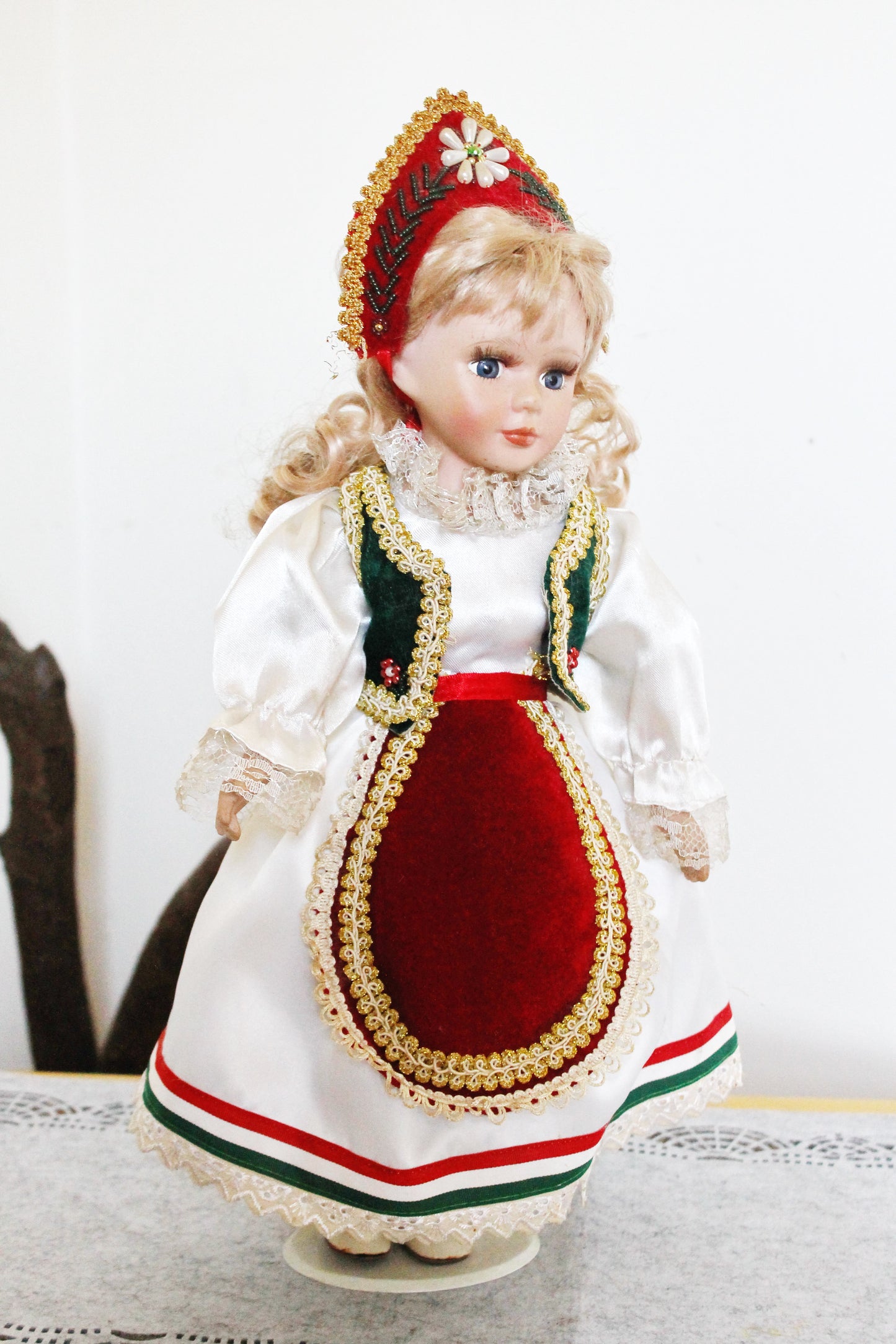 Vintage porcelain Germany cute doll on a stand in Hungarian clothing - 18 inches - Collectible doll - 1970-1980s