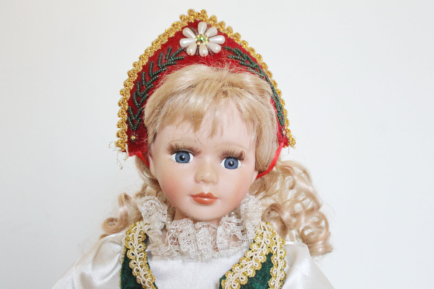 Vintage porcelain Germany cute doll on a stand in Hungarian clothing - 18 inches - Collectible doll - 1970-1980s