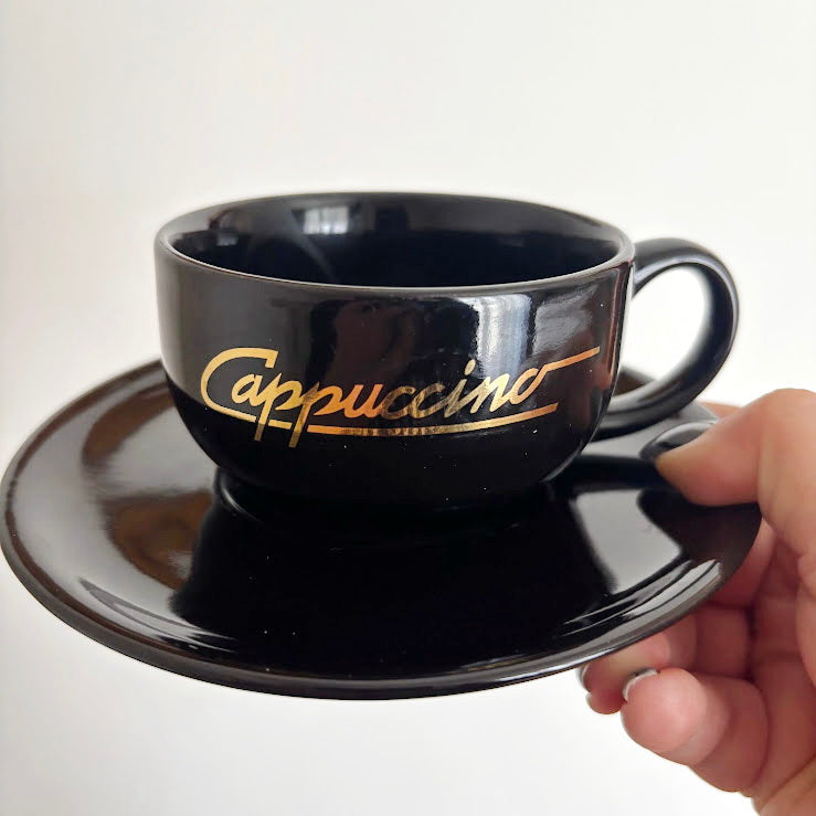 Black Cappuccino Cups and Saucers Set of 2 Heavy Ceramic Coffee Set Mid 2000s Modern Minimalist Germany