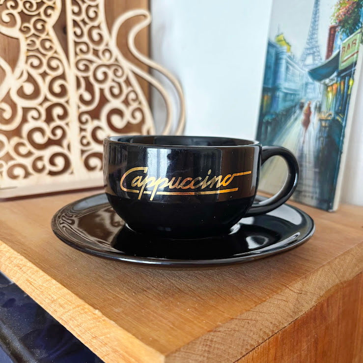 Black Cappuccino Cups and Saucers Set of 2 Heavy Ceramic Coffee Set Mid 2000s Modern Minimalist Germany