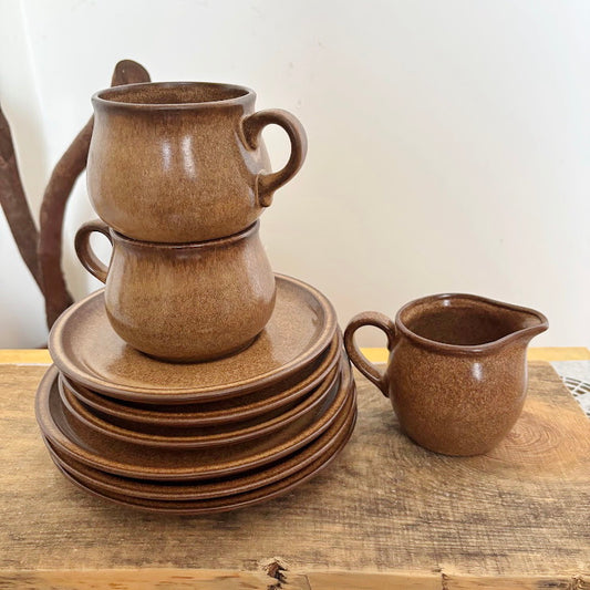 Vintage Winterling Bavaria Stoneware Set, Brown Speckled Tea Coffee Set 9pc, Mid-Century Modern German Pottery