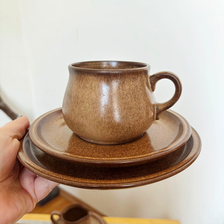 Vintage Winterling Bavaria Stoneware Set, Brown Speckled Tea Coffee Set 9pc, Mid-Century Modern German Pottery