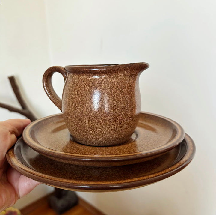 Vintage Winterling Bavaria Stoneware Set, Brown Speckled Tea Coffee Set 9pc, Mid-Century Modern German Pottery