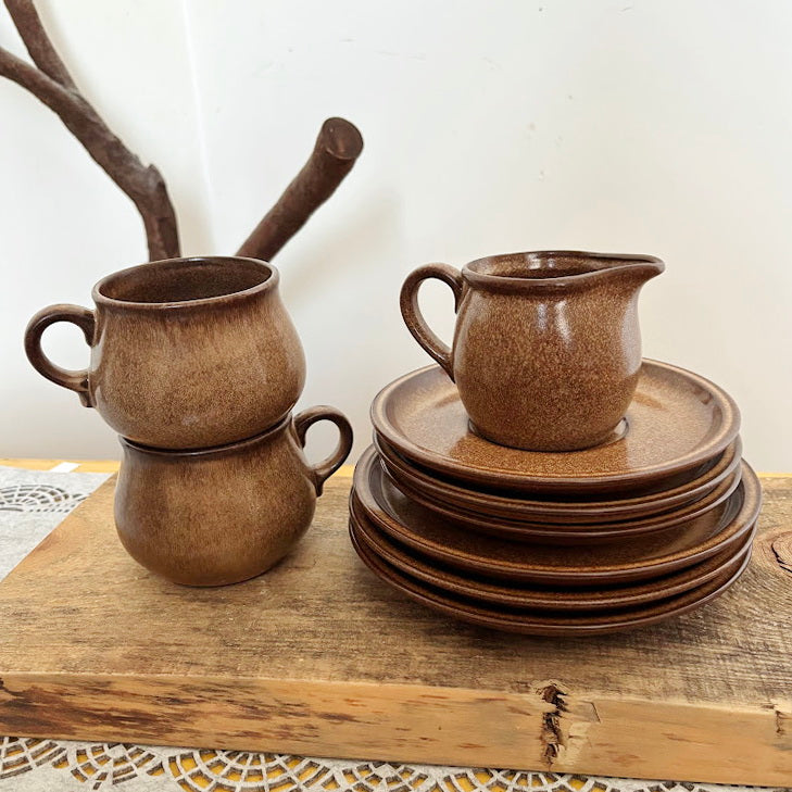 Vintage Winterling Bavaria Stoneware Set, Brown Speckled Tea Coffee Set 9pc, Mid-Century Modern German Pottery