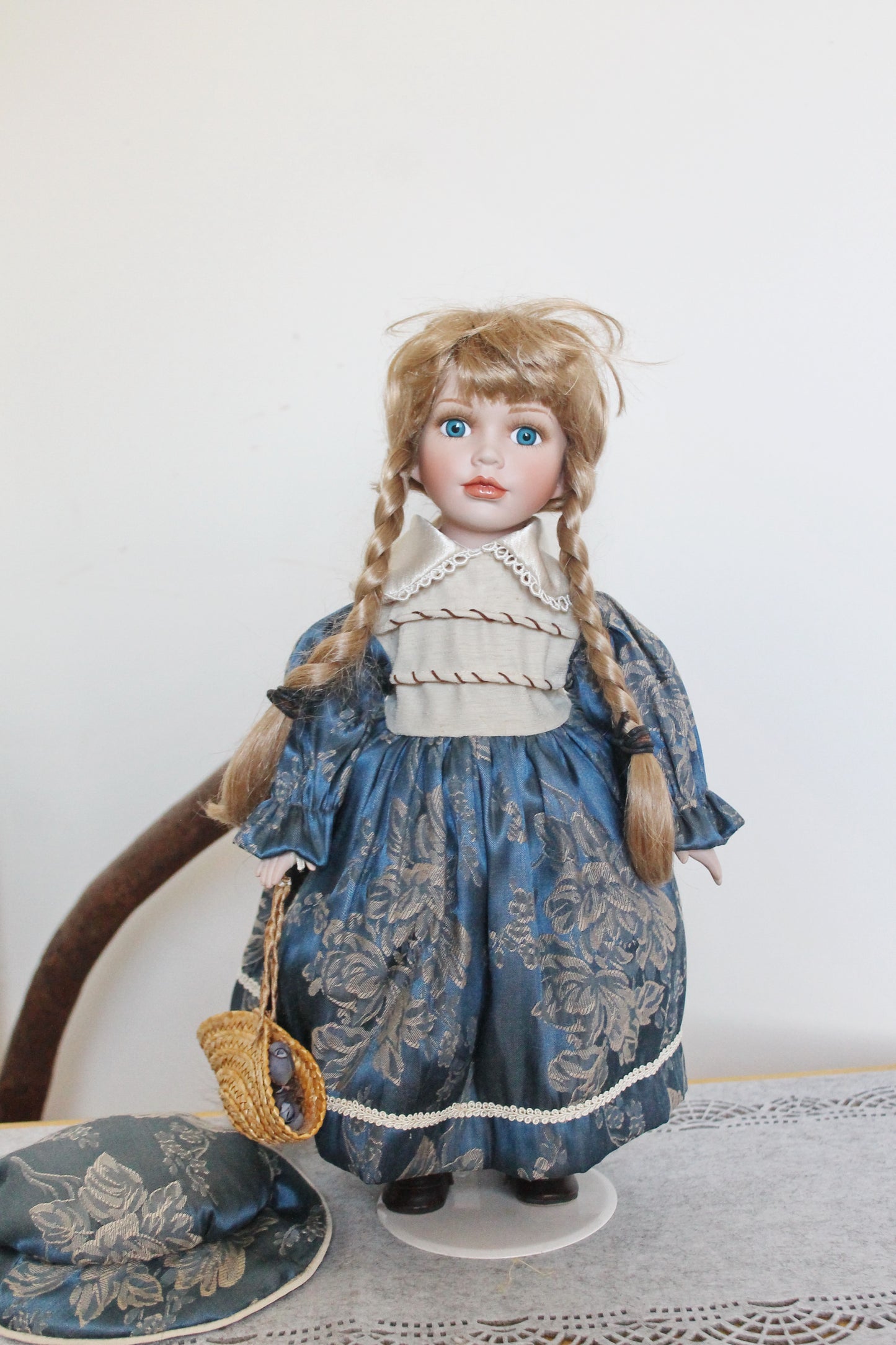 Vintage porcelain Germany cute doll on a stand in beautiful blue dress - 16.5 inches - Collectible doll - 1970-1980s