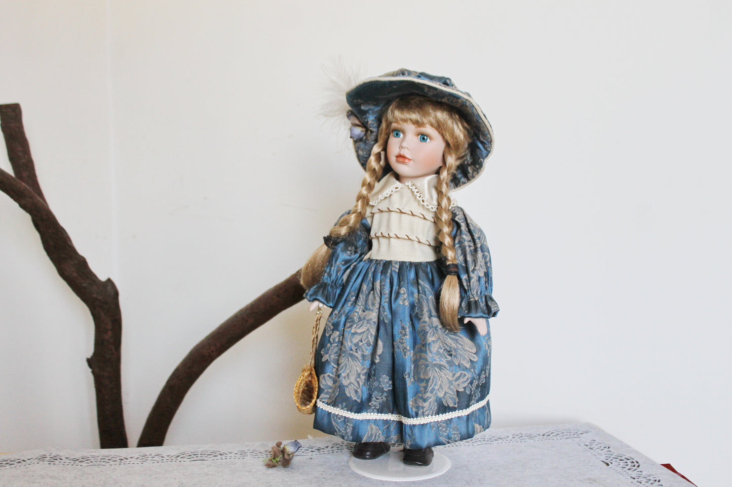 Vintage porcelain Germany cute doll on a stand in beautiful blue dress - 16.5 inches - Collectible doll - 1970-1980s