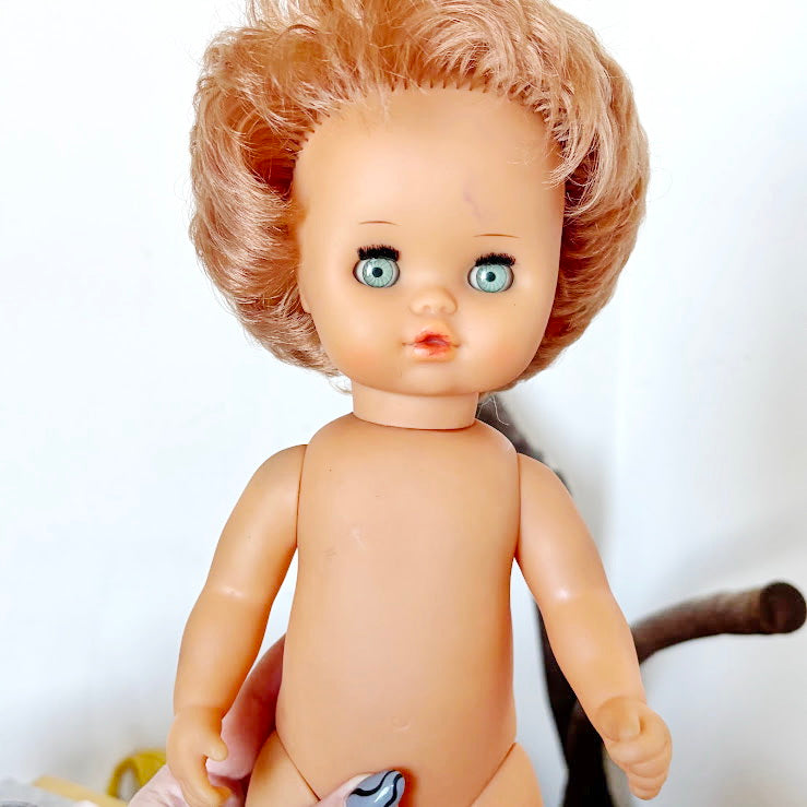 Vintage GDR Doll 14", Rauenstein Style East German Toy, Sleeping Eyes, 36cm, 1970s Retro Collectible, Mid-Century European Doll