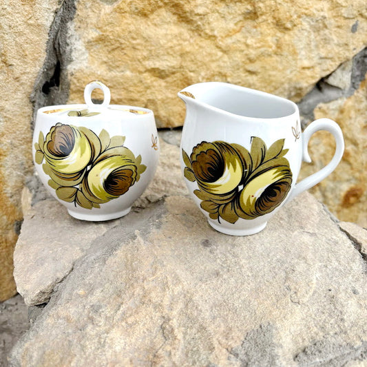 Vintage Porcelain Sugar Bowl and Creamer Set Yellow Floral Soviet Era Poltava Factory 1970s 1980s Kitchen Decor
