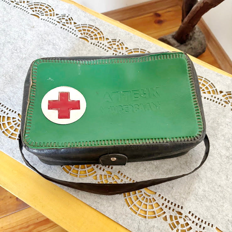 Vintage Car First Aid Kit Soviet Era Green Black Case Retro Emergency Medical Box USSR Auto Collectible Storage