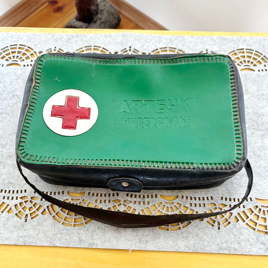 Vintage Car First Aid Kit Soviet Era Green Black Case Retro Emergency Medical Box USSR Auto Collectible Storage