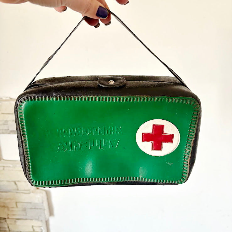 Vintage Car First Aid Kit Soviet Era Green Black Case Retro Emergency Medical Box USSR Auto Collectible Storage