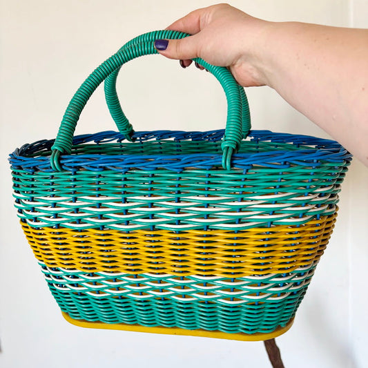 Vintage Woven Market Basket Colorful Plastic Wire Basket Soviet Era Picnic Storage Tote Cottagecore Shopping Bag