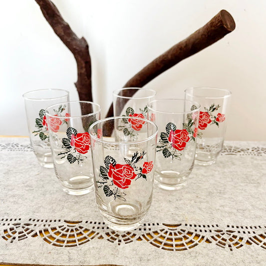 Set of 6 Vintage Drinking Glasses Rose Print 200 ml Soviet Era Floral Glass Tumblers Retro Kitchen Cottagecore Decor