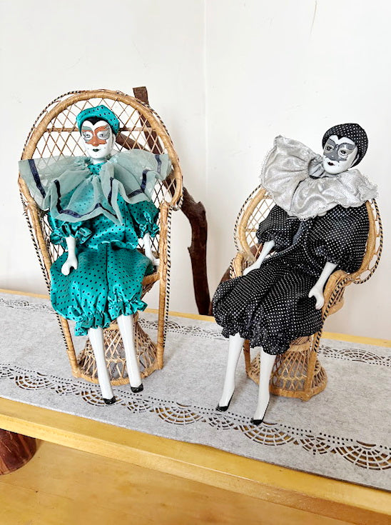 Vintage German Porcelain Harlequin Doll 16.5" Clown Figure Fabric Body Collectible Pierrot Style Decorative Doll