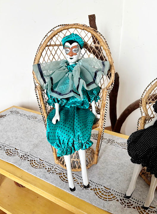 Vintage German Porcelain Harlequin Doll 16.5" Clown Figure Fabric Body Collectible Pierrot Style Decorative Doll