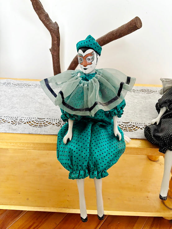 Vintage German Porcelain Harlequin Doll 16.5" Clown Figure Fabric Body Collectible Pierrot Style Decorative Doll