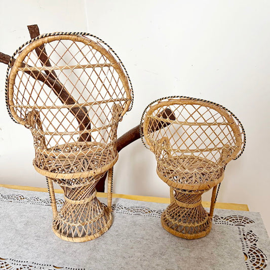 Set of 2 Vintage Wicker Chairs Doll Furniture Rattan Mini Chairs Boho Decor Display Stands Rustic Miniature Seating