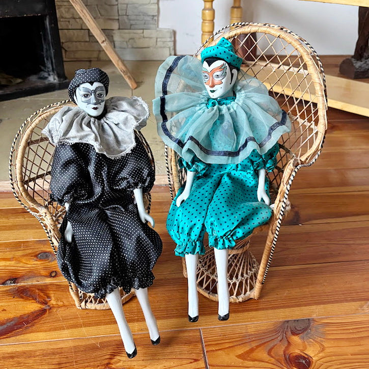 Vintage German Porcelain Harlequin Doll 16.5" Clown Figure Fabric Body Collectible Pierrot Style Decorative Doll