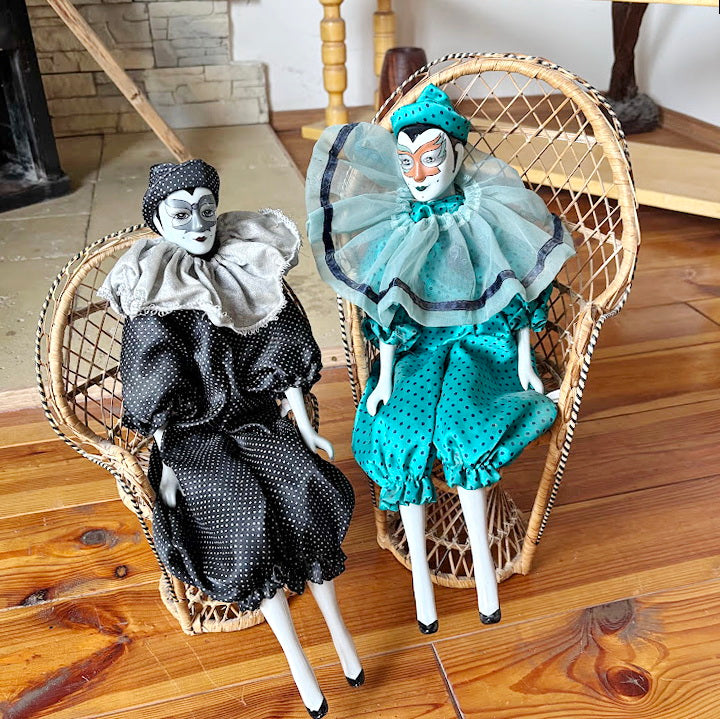 Vintage German Porcelain Harlequin Doll 16.5" Clown Figure Fabric Body Collectible Pierrot Style Decorative Doll