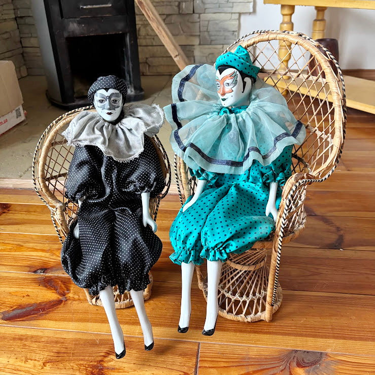Vintage German Porcelain Harlequin Doll 16.5" Clown Figure Fabric Body Collectible Pierrot Style Decorative Doll
