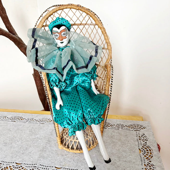 Vintage German Porcelain Harlequin Doll 16.5" Clown Figure Fabric Body Collectible Pierrot Style Decorative Doll