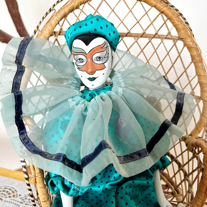 Vintage German Porcelain Harlequin Doll 16.5" Clown Figure Fabric Body Collectible Pierrot Style Decorative Doll