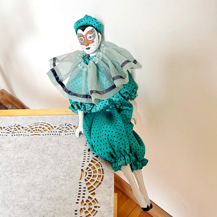 Vintage German Porcelain Harlequin Doll 16.5" Clown Figure Fabric Body Collectible Pierrot Style Decorative Doll