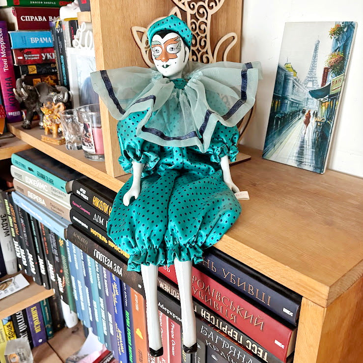 Vintage German Porcelain Harlequin Doll 16.5" Clown Figure Fabric Body Collectible Pierrot Style Decorative Doll