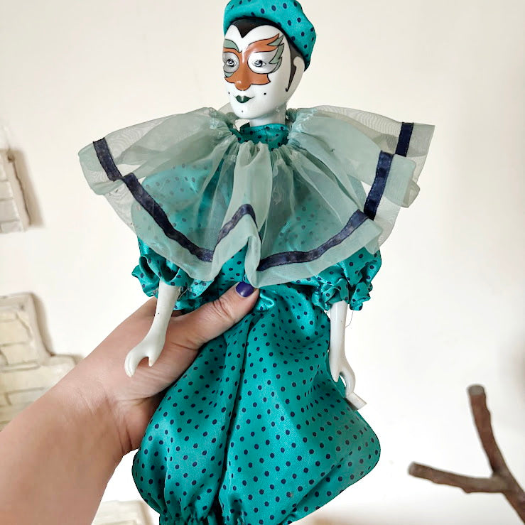 Vintage German Porcelain Harlequin Doll 16.5" Clown Figure Fabric Body Collectible Pierrot Style Decorative Doll