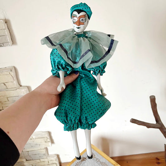 Vintage German Porcelain Harlequin Doll 16.5" Clown Figure Fabric Body Collectible Pierrot Style Decorative Doll