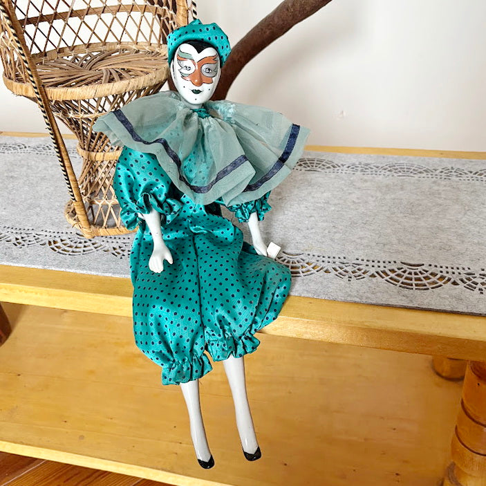 Vintage German Porcelain Harlequin Doll 16.5" Clown Figure Fabric Body Collectible Pierrot Style Decorative Doll
