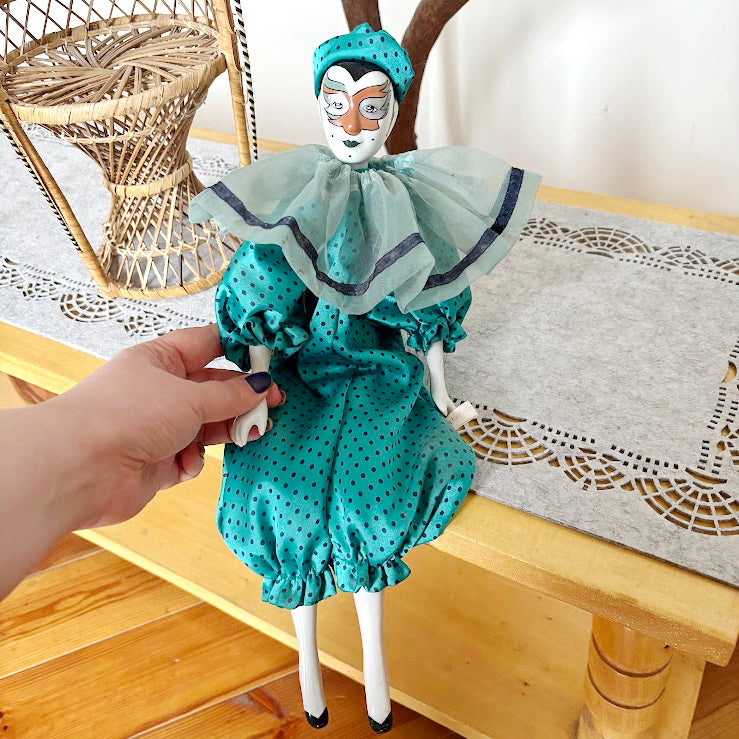 Vintage German Porcelain Harlequin Doll 16.5" Clown Figure Fabric Body Collectible Pierrot Style Decorative Doll